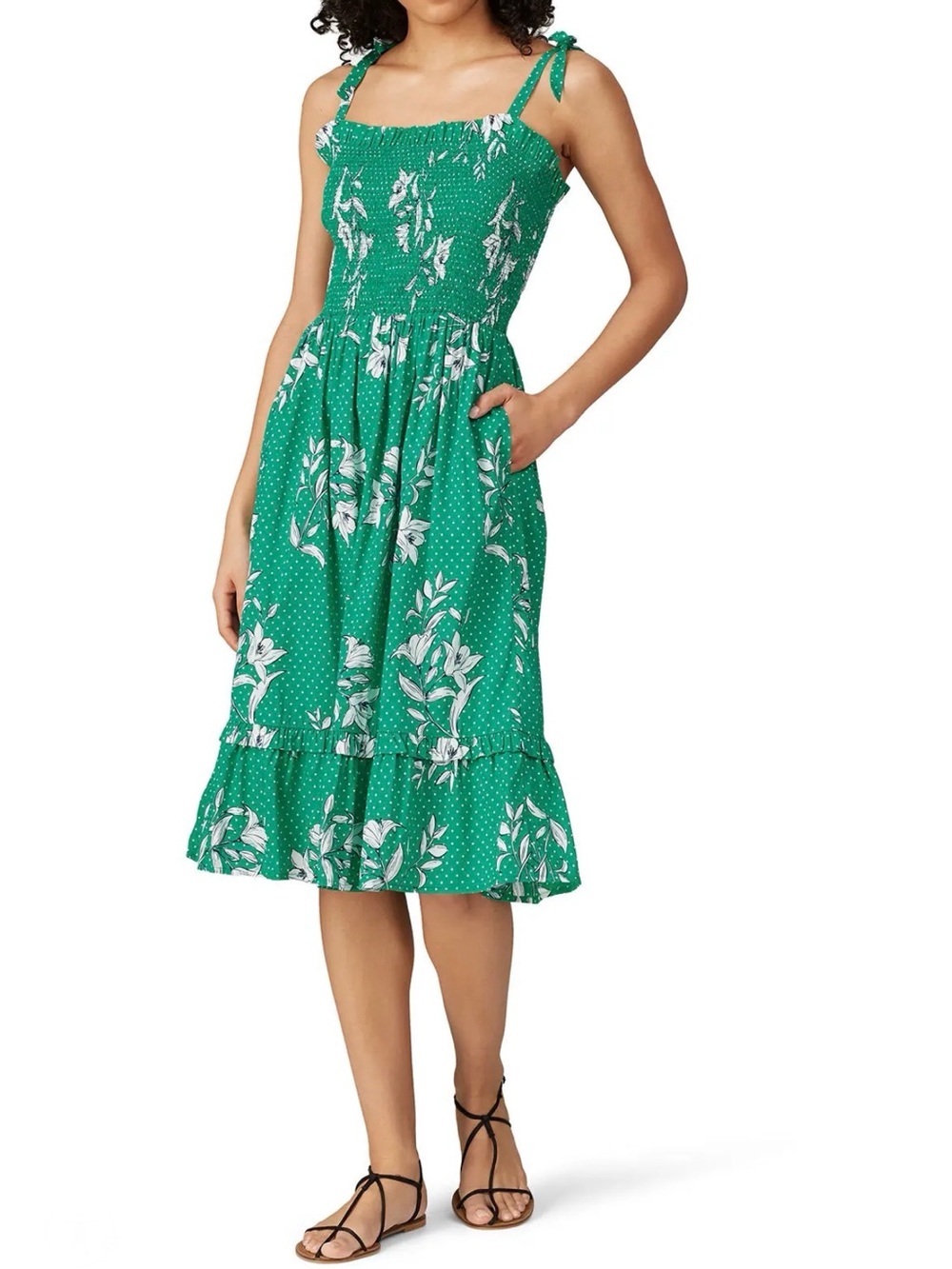 Draper James Green Floral Smocked Dress Sz S Kelly green white florals‎